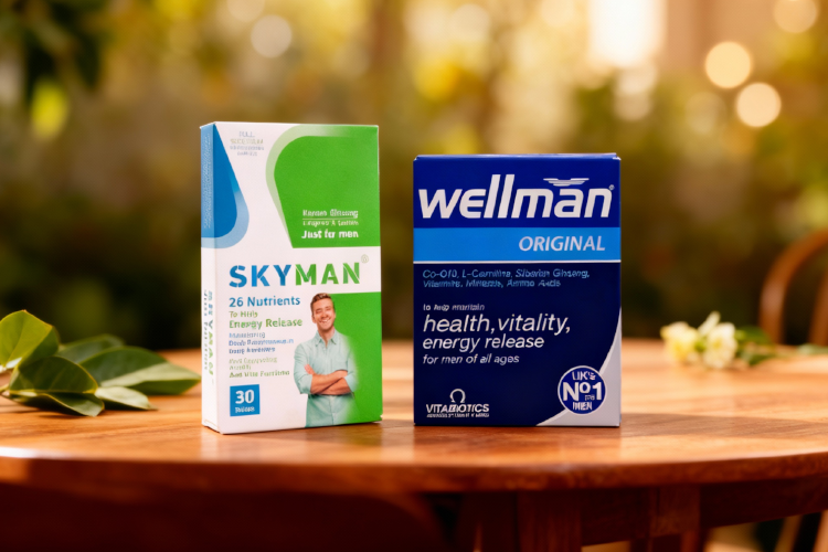 عکس قرص مولتی ویتامین آقایان روی میز چوبی برای بررسی اسکای من بهتره یا ول من